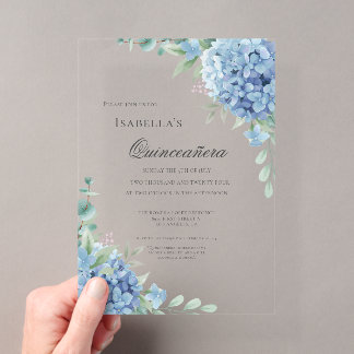 Blaue Hortensien Quinceañera-Feier 15 Acryleinladungen