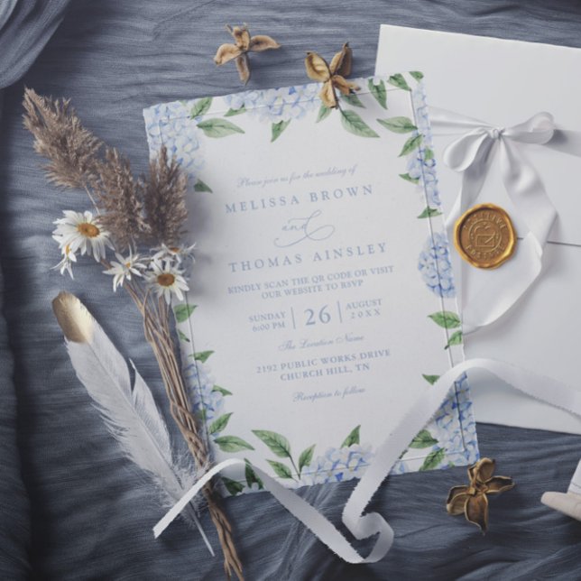 Blaue Hortensien-Rand Elegante QR-Code-Hochzeit Einladung (Von Creator hochgeladen)