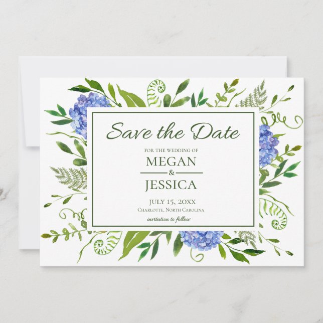 Blaue Hortensien Save The Date (Vorderseite)