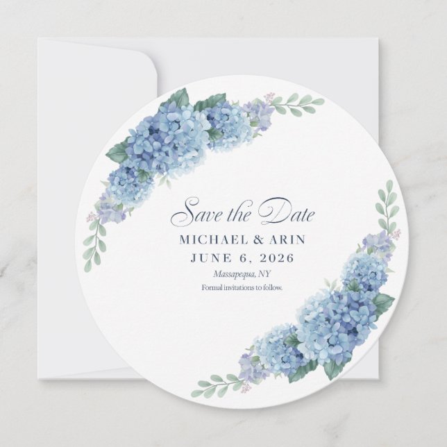 Blaue Hortensien Save The Dates Date (Vorderseite)