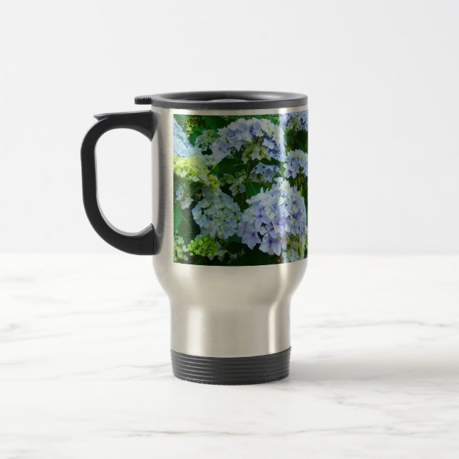 Blaue Hortensien-Sommerblumen-Kaffeetassen Reisebecher (Links)
