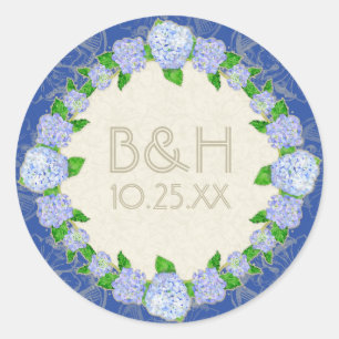 Blaue Hortensien-Spitzen-Blumen Hochzeit Formal El Runder Aufkleber