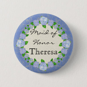 Blaue Hortensien-Spitzen-Blumen-Jungfernhochzeitsd Button