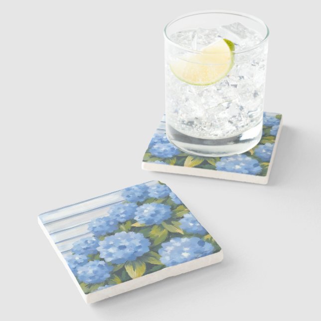 Blaue Hortensien Sträucher Florale Malerei Steinuntersetzer (Seitenansicht)