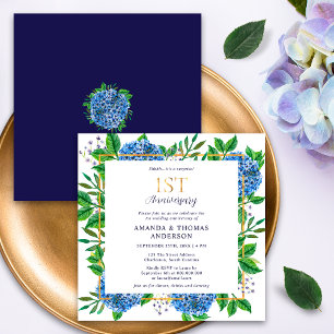 Blaue Hortensien überraschen zum 1. Hochzeitstag Einladung