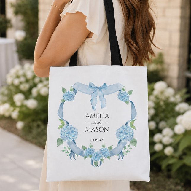 Blaue Hortensien-Wappen-Aquarell-Hochzeit (Blue Hydrangea Crest Watercolor Wedding Tote Bag)