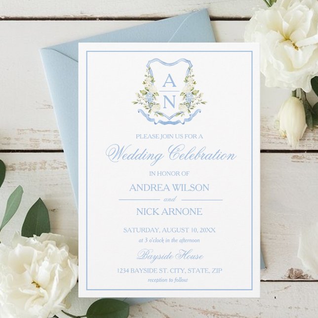 Blaue Hortensien-Wappen-Monogramm-Hochzeits-Einlad Einladung (Blue Hydrangea Crest Monogram Invitation)
