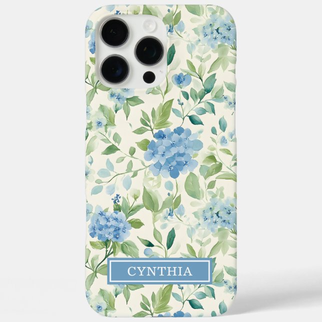 Blaue Hortensien-Wasserfarbe-Monogramm Case-Mate iPhone Hülle (Rückseite)