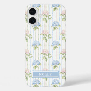 Blaue Hortensien-Wasserfarben-Gestreifte Personali iPhone 16 Plus Hülle