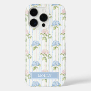 Blaue Hortensien-Wasserfarben-Gestreifte Personali iPhone 16 Pro Hülle