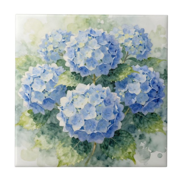 Blaue Hortensien-Wasserfarbouquet Fliese (Vorderseite)