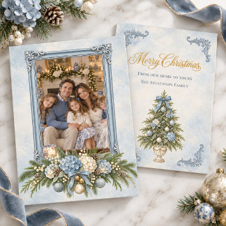 Blaue Hortensien Weihnachtsfoto mit goldenem Schri Feiertagskarte