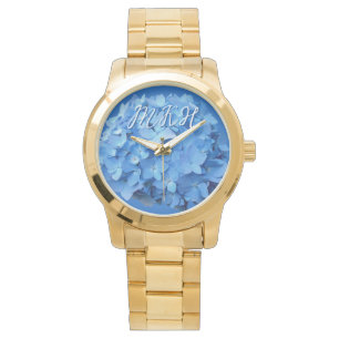 Blaue Hortensienblumen monogrammiert Armbanduhr