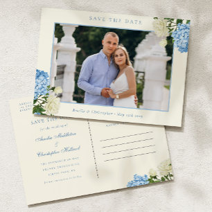 Blaue Hortensienblumen und Rosengarten - Heiratsan Postkarte