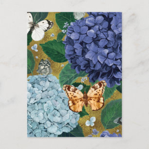 Blaue Hortensienblumen und Schmetterling Postkarte