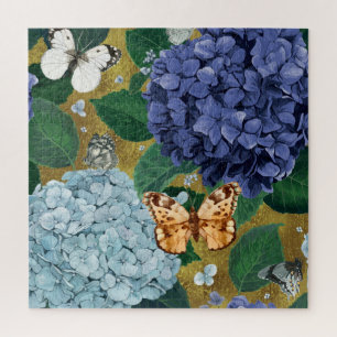 Blaue Hortensienblumen und Schmetterling Puzzle