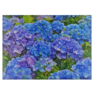 Blaue Hortensienblüten Aquarell Kunst Glas Schneidebrett