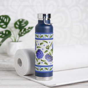 Blaue Hortensienblüten Botanisches Design Trinkflasche