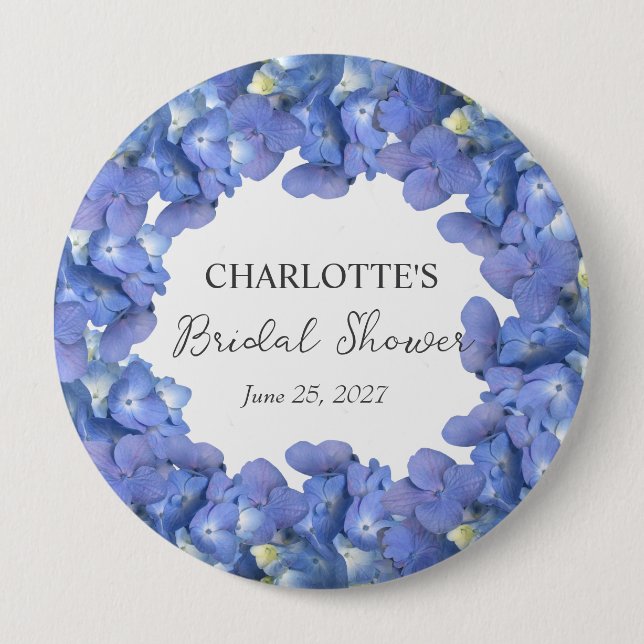 Blaue Hortensienblüten Personalisierte Brautparty Button (Vorderseite)