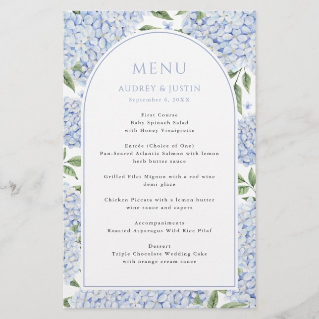 Blaue Hortensienbogen-Rand-Hochzeitspapiermenü Flyer (Vorne)