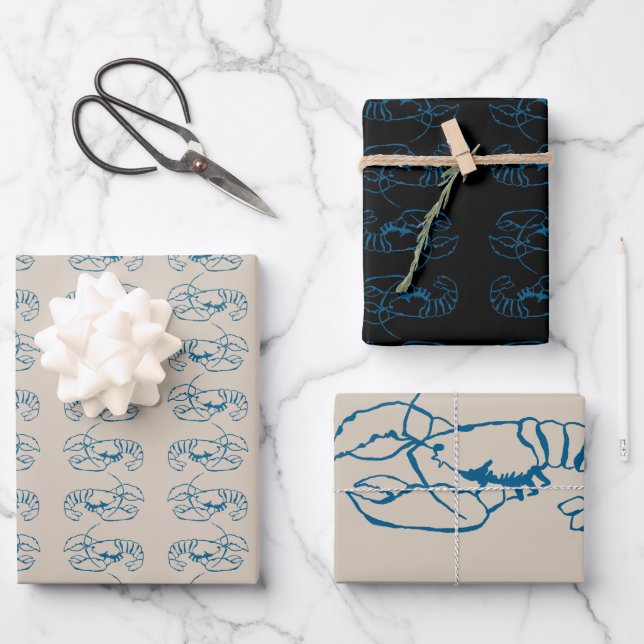 Blaue Hummerlinie Zeichnend auf Sandy Beach Tan Co Geschenkpapier Set (Vorderseite)
