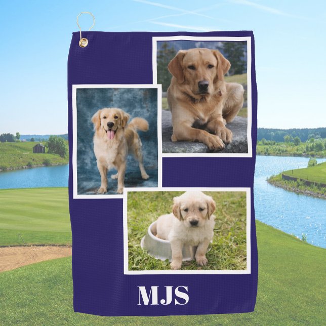 Blaue Hund-Fotocollage-Monogramm personalisiert  Golfhandtuch (Von Creator hochgeladen)