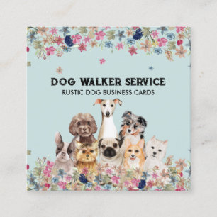 Blaue Hunde Blumen Rustikaler Tierdienst Floral Quadratische Visitenkarte