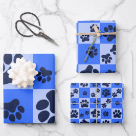 Blaue Hundepfotenabdruck-Karo Geschenkpapier Set