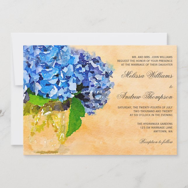 Blaue Hydrangea-Aquarell-Weckglas-Hochzeit Einladung (Vorderseite)