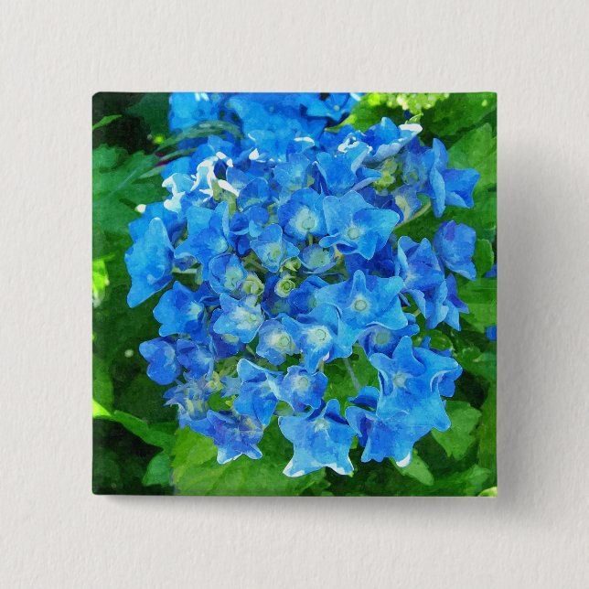 Blaue Hydrangea-Blume und ihre grünen Blätter Button (Vorderseite)