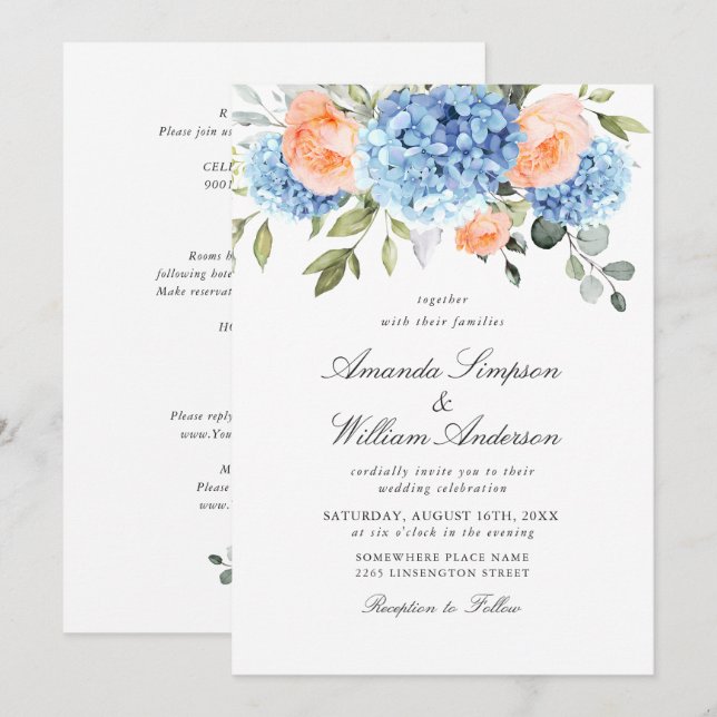 Blaue Hydrangea Blush Pink Roses Hochzeit in einem Einladung (Vorne/Hinten)
