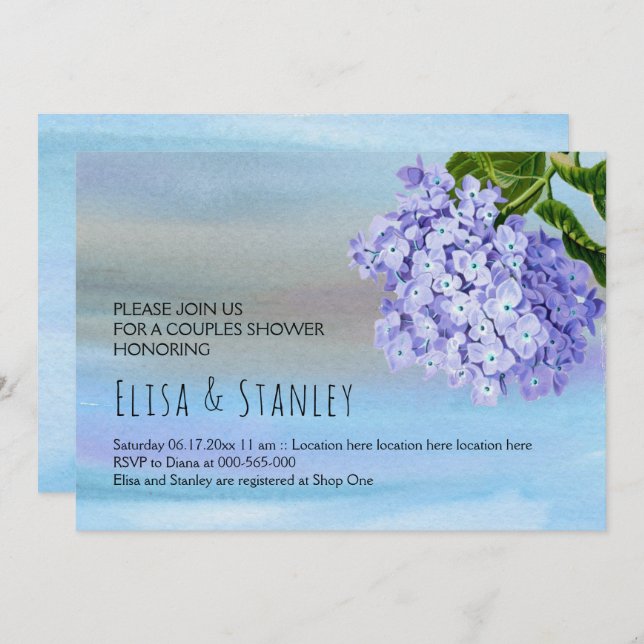 Blaue Hydrangea-Blüte Hochzeitspaare Dusche Einladung (Vorne/Hinten)
