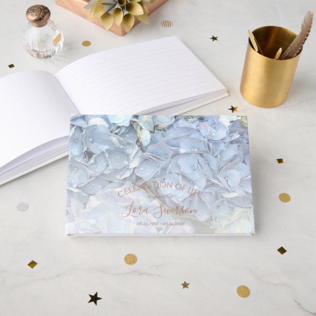 Blaue Hydrangea-Feier zum Gedenken an das Leben Gästebuch (Vorderseite Offen)