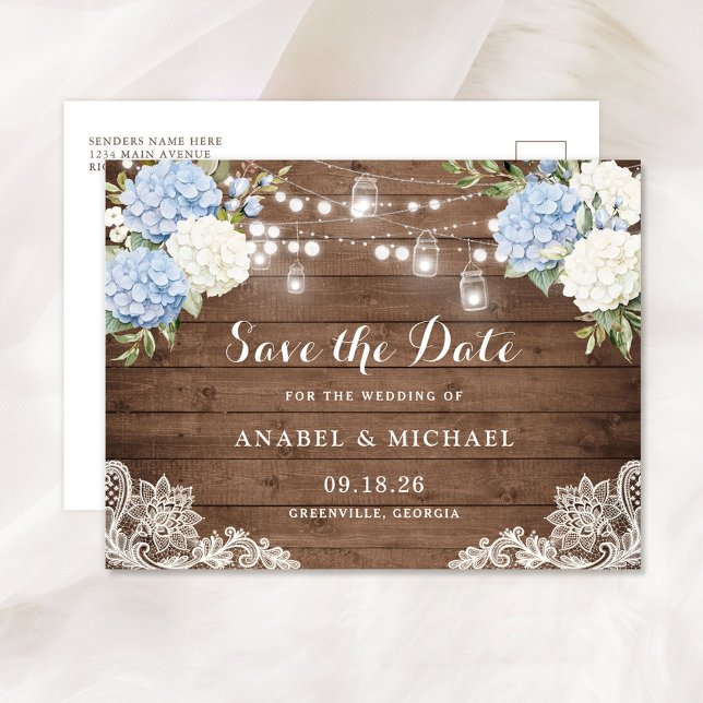 Blaue Hydrangea-Holzbalken Save the Date Ankündigungspostkarte (Von Creator hochgeladen)