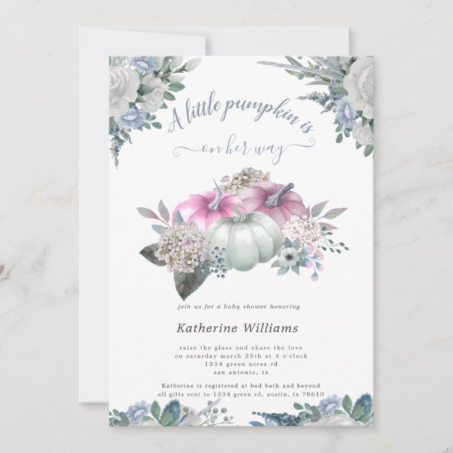 Blaue Hydrangea-Kürbis-Babydusche Einladung (Vorderseite)