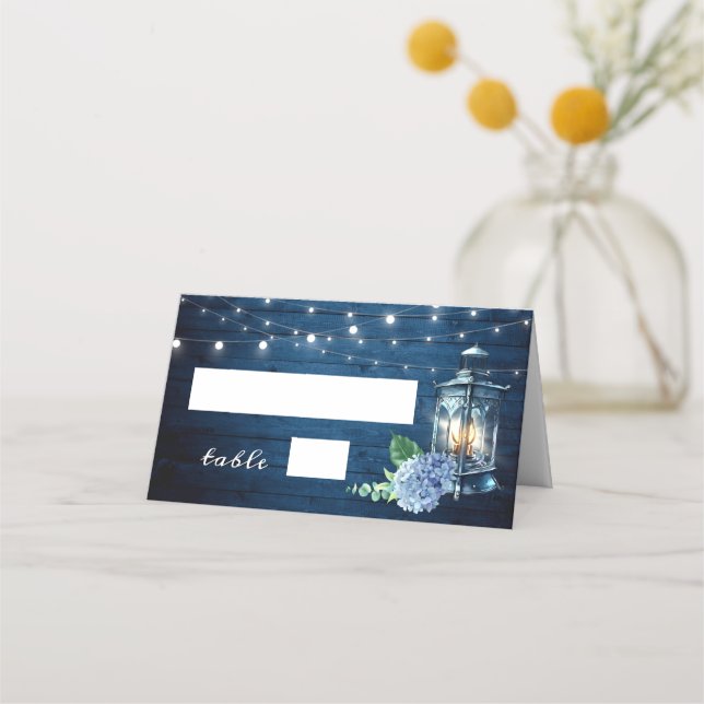 Blaue Hydrangea Lantern Navy Holz Hochzeitstisch Platzkarte (Vorderseite)