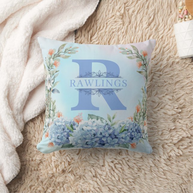 Blaue Hydrangea Monogram Kissen (Decke)