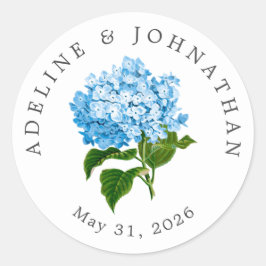 Blaue Hydrangea-Namen und Hochzeitstag Runder Aufkleber