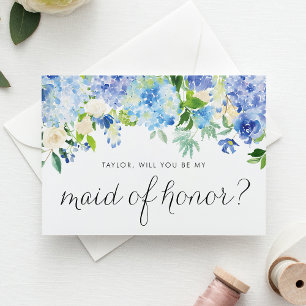 Blaue Hydrangea und Trauzeugin mit weißem Rosenblu Karte