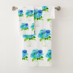Blaue Hydrangeas Aquarellfarben Blume Blumendekor Badhandtuch Set