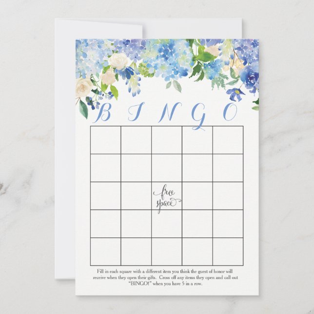 Blaue Hydrangeas Brautparty Bingo Karten (Vorderseite)