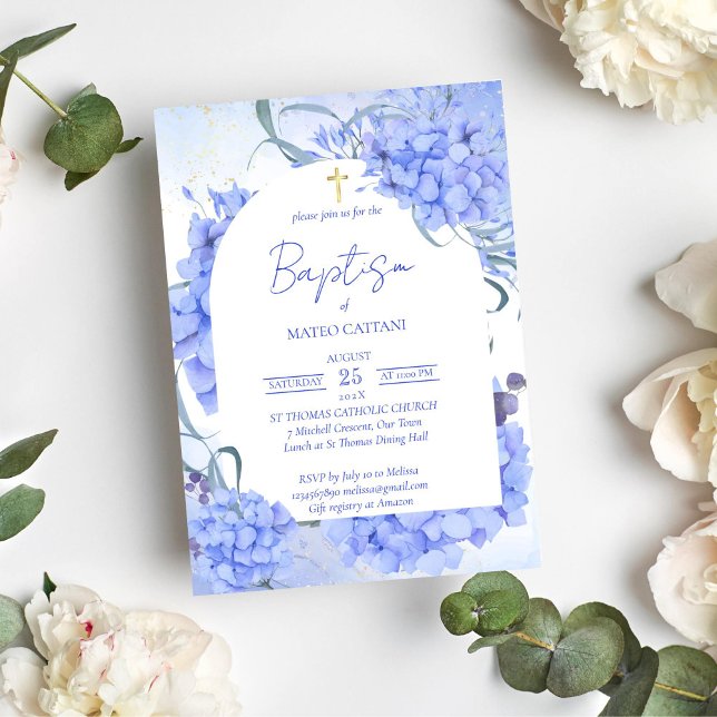 Blaue Hydrangeas elegante blumengeschmückte Taufe Einladung (Baptism christening blue hydrangeas invitation template)