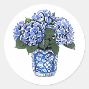 Blaue Hydrangeas in einem BlumenKeramik-Topf Runder Aufkleber