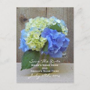 Blaue Hydrangeas-Maurer-Glas-Save the Date Ankündigungspostkarte