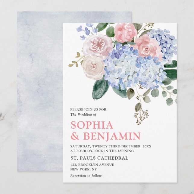 Blaue Hydrangeas Pastellrosa Rosen Hochzeit Einladung (Vorne/Hinten)