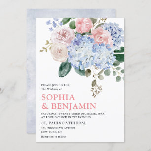 Blaue Hydrangeas Pastellrosa Rosen Hochzeit Einladung