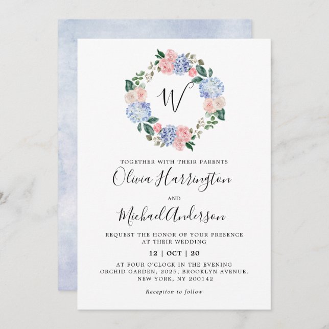 Blaue Hydrangeas Pastellrosa Rosen Hochzeit Einladung (Vorne/Hinten)