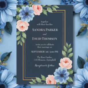Blaue Hydrangeas Pastellrosa Rosen Hochzeit Einladung