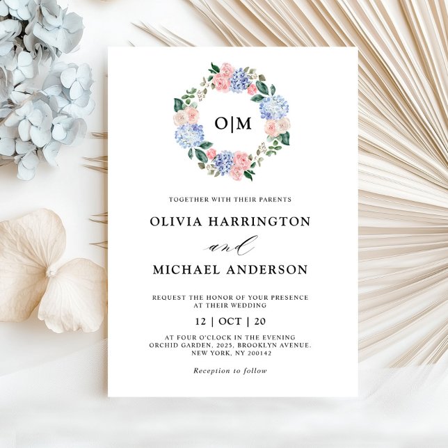 Blaue Hydrangeas Pastellrosa Rosen Hochzeit Einladung (Dusty blue hydrangeas pastel pink roses wedding in invitation)