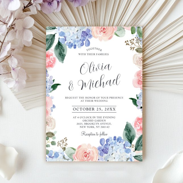Blaue Hydrangeas Pastellrosa Rosen Hochzeit Einladung (Dusty blue hydrangeas pastel pink roses wedding invitation)